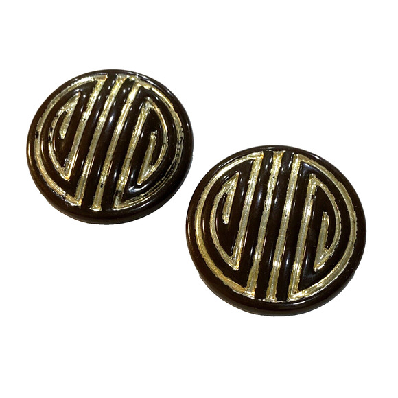 Vintage Shoe Clips Art Deco Brown Plastic Rounds Goldtone Geometric Designs - Picture 1 of 6